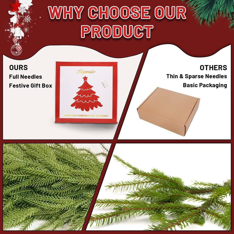 Christmas Norfolk Pine Garland, 9 ft Artificial Cedar Garlands Realistic Touch , Winter Greenery Garland for Holiday with 12 pcs Velvet Christmas Bows and 2 pairs Christmas Bells