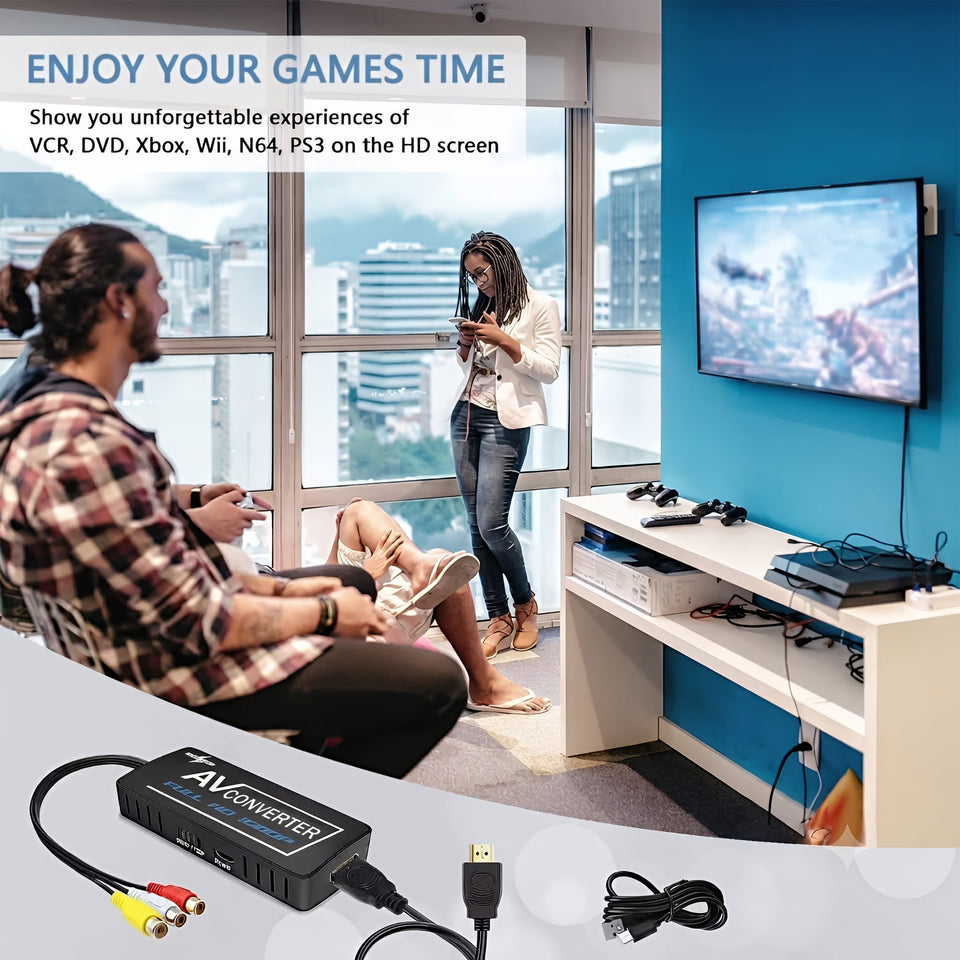 PORTHOLIC RCA to HDMI Converter, Composite to HDMI Converter, AV to HDMI Adapter Support 1080P PAL/NTSC with RCA & HDMI Cable, Compatible with STB, N64, Xbox, VHS, Blue-Ray DVD
