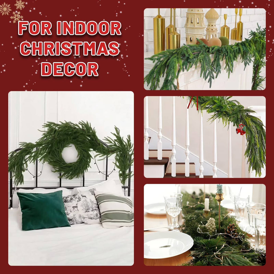 Christmas Norfolk Pine Garland, 9 ft Artificial Cedar Garlands Realistic Touch , Winter Greenery Garland for Holiday with 12 pcs Velvet Christmas Bows and 2 pairs Christmas Bells