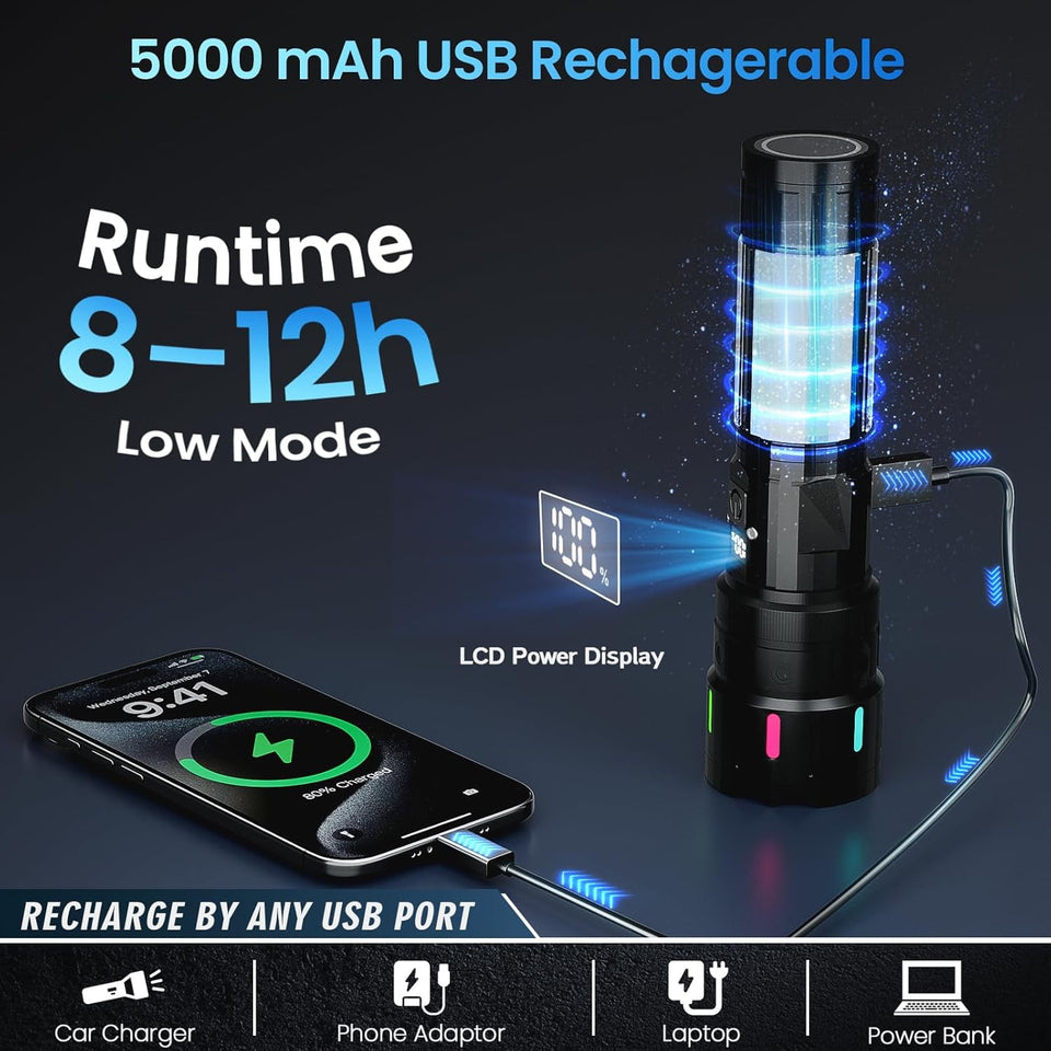 Rechargeable Flashlight, 2000 High Lumens, 5 Modes Super Bright LED Flashlight with Magnetic Tail, USB-C Charging,1000m Long Distance, IPX54 Waterproof for Camping Hiking