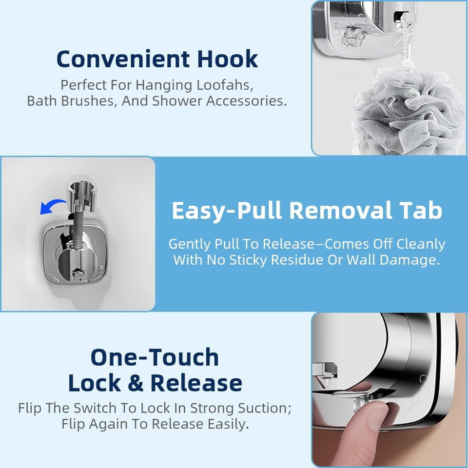 Suction Cup Shower Head Holder - 360° Adjustable, Adhesive Shower Head Hanger with Hook, Shower Handle/Wand/ Hose Bracket, Tool-Free Wall Mount for Handheld Showerheads, Fits Bathroom and RV