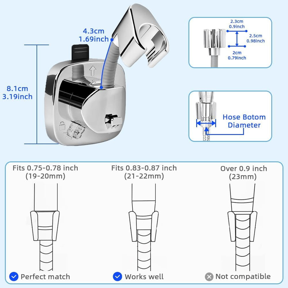 Suction Cup Shower Head Holder - 360° Adjustable. Adhesive Shower Head Hanger with Hook. Shower Handle/Wand/ Hose Bracket. Tool-Free Wall Mount for Handheld Showerheads. Fits Bathroom and RV