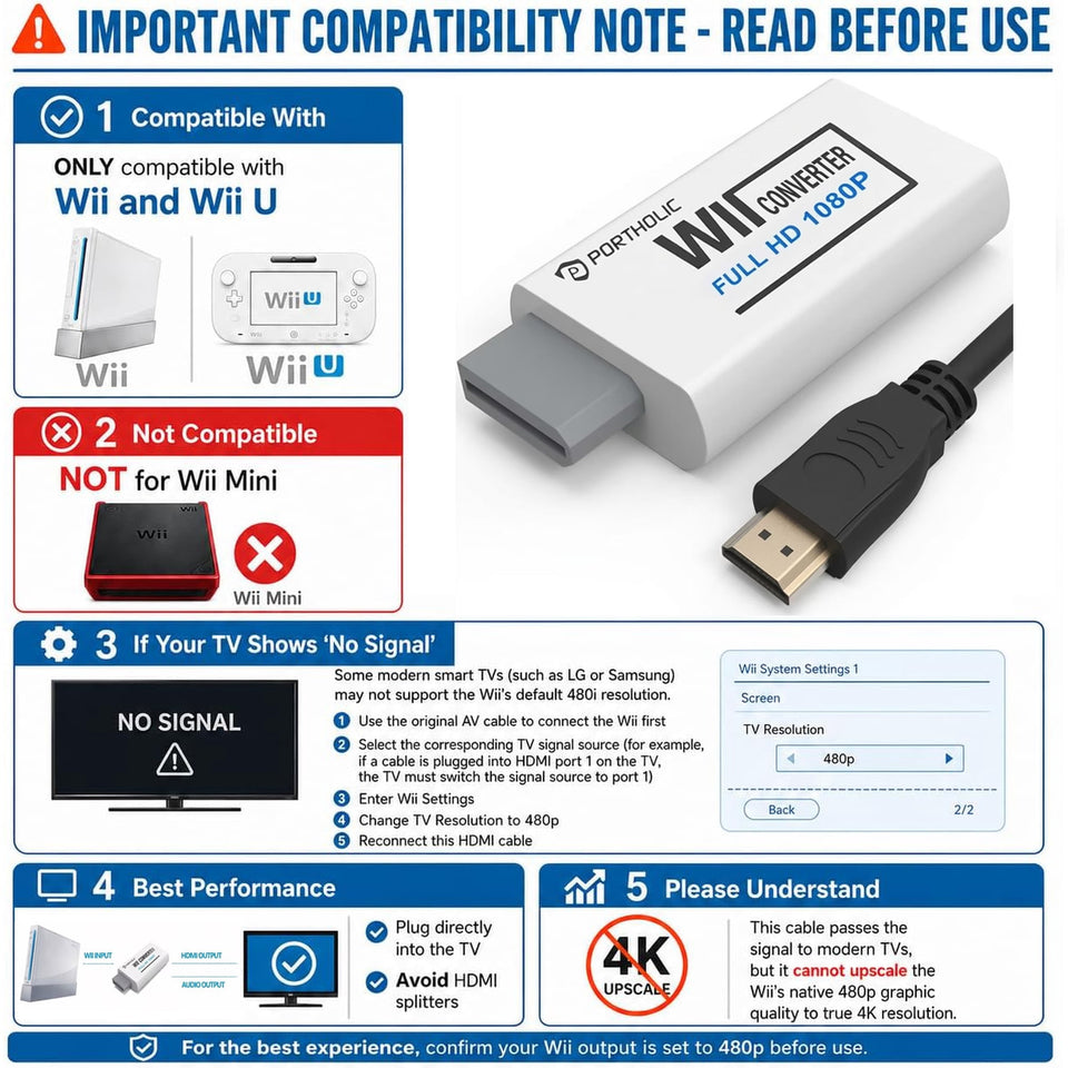 4 in 1 Wii Replacement Cables Set, PORTHOLIC Wii AC Power Adapter + Wii to hdmi Converter+ Wired Motion Sensor Bar and Composite Audio Video Cable for Nintendo Wii