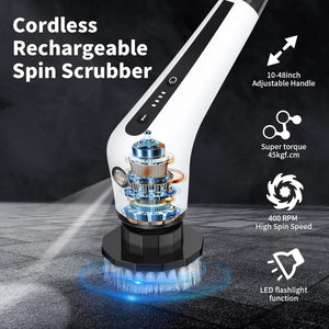 Electric Spin Scrubber, Cordless Spin Scrubber with Light, Adjustable Extension Handle for Bathtub Grout Tile Floor with 10 Replaceable Cleaner Brush