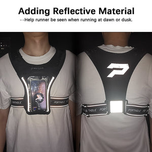 Running Vest with Cellphone Holder, PORTHOLIC Reflective Warnwest with Visible Phone Pouch, Adjustable Waistband and Muti-pockets for Sport, Jogging, Cycling, Walk the dog(BLACK)