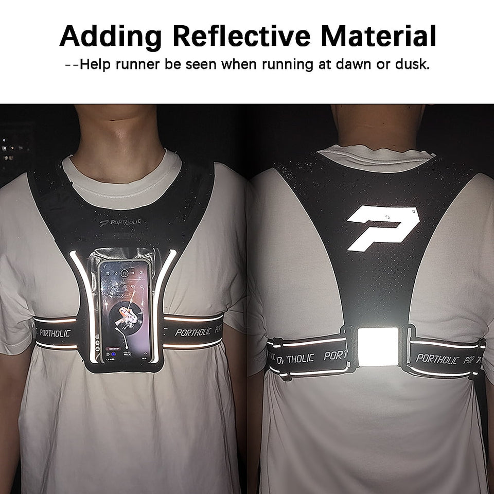 Running Vest with Cellphone Holder, PORTHOLIC Reflective Warnwest with Visible Phone Pouch, Adjustable Waistband and Muti-pockets for Sport, Jogging, Cycling, Walk the dog(BLACK)