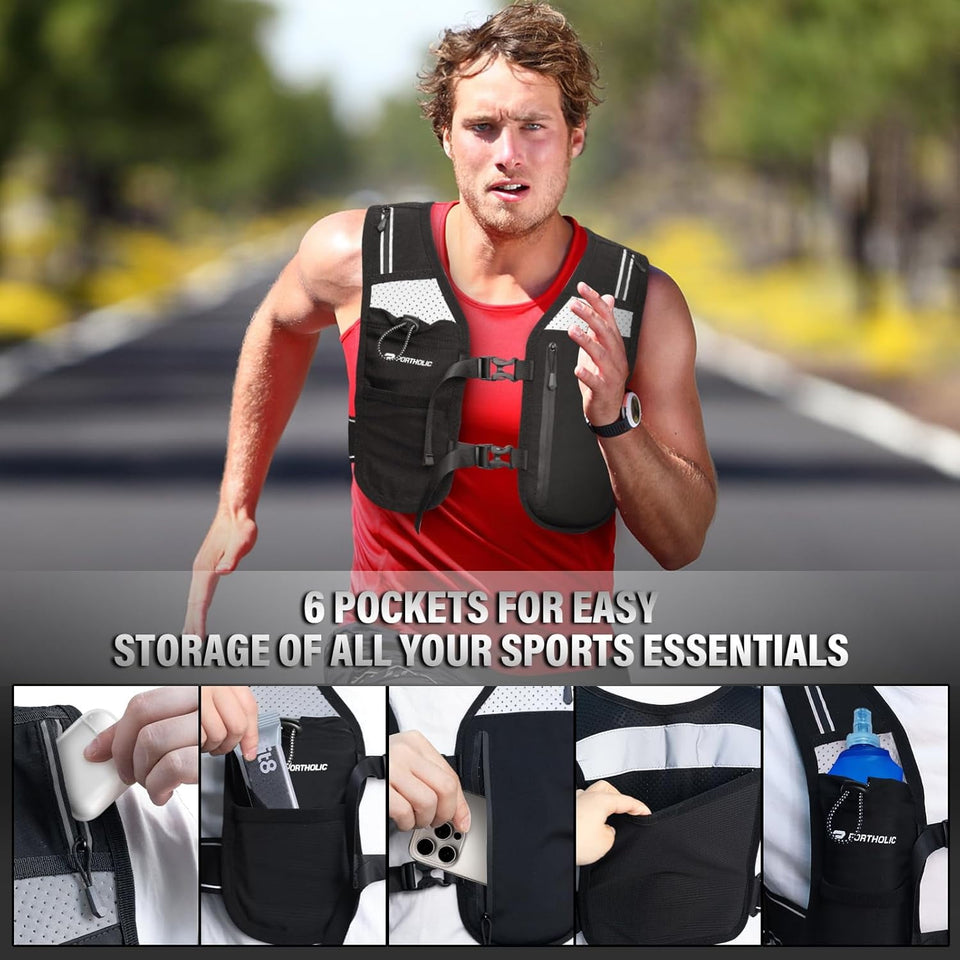 PORTHOLIC Running Vest for Women Men with 500ml/17oz Water Bottle |Adjustable Hydration Vest|Reflective |Lightweight |6 Pockets |Breathablefor Running Accessories for Hiking Running (Gray,Large)