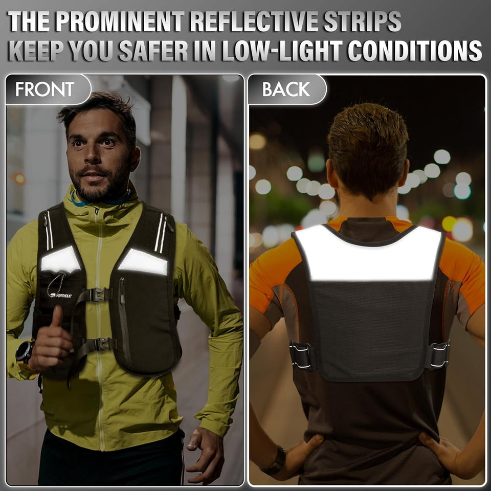 PORTHOLIC Running Vest for Women Men with 500ml/17oz Water Bottle |Adjustable Hydration Vest|Reflective |Lightweight |6 Pockets |Breathablefor Running Accessories for Hiking Running (Gray,Large)