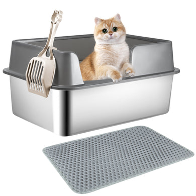 Stainless Steel Litter Box with Lid High Sides Litter Box Enclosed Metal Litter Box, Non Stick, Odor Control Easy Clean Medium to Large Pet Litter Pan with High Wall（19.6*13.3*9.8inch）