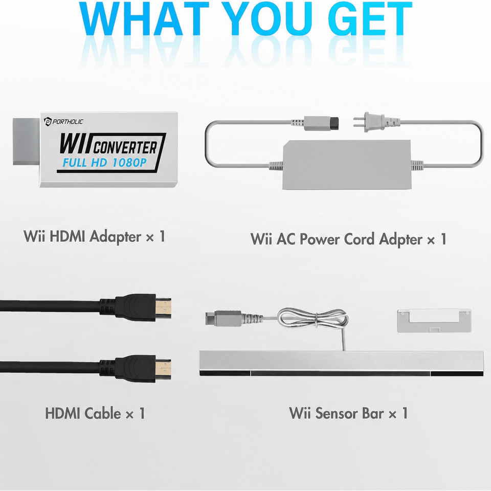 4 in 1 Wii Replacement Cables Set, PORTHOLIC Wii AC Power Adapter + Wii to hdmi Converter+ Wired Motion Sensor Bar and Composite Audio Video Cable for Nintendo Wii