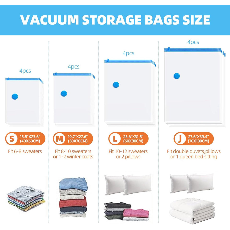 Vacuum Storage Bags, 16 Pack (4 Jumbo, 4 Large,4 Medium,4 Small) Space Saver Seal Bags for clothing travel,luggage,Mattress,Comforters,Blanket,Pillows,Duvets