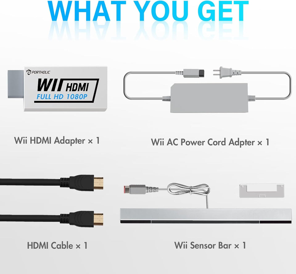 4 in 1 Wii Replacement Cables Set, PORTHOLIC Wii AC Power Adapter + Wii to hdmi Converter+ Wired Motion Sensor Bar and Composite Audio Video Cable for Nintendo Wii