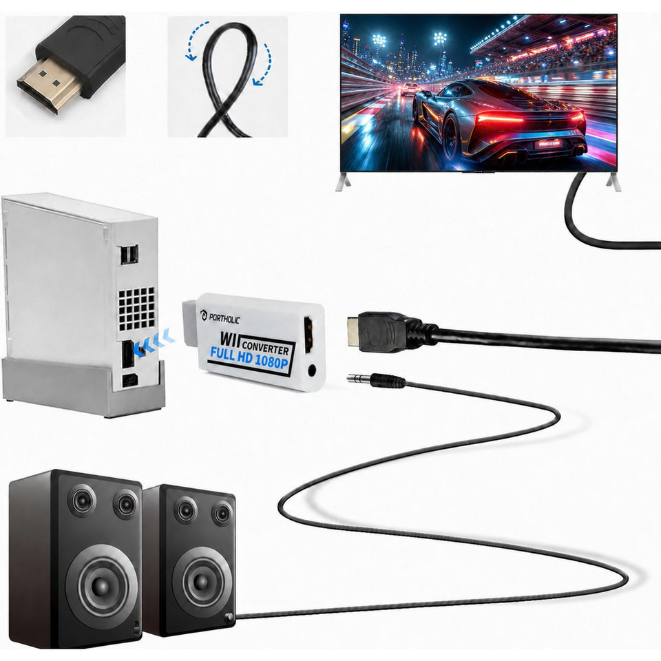 Wii to HDMI Converter , PORTHOLIC 1080P Wii2HMDI Adapter with Cable for Nintendo Wii, Wii U, HDTV, Monitor