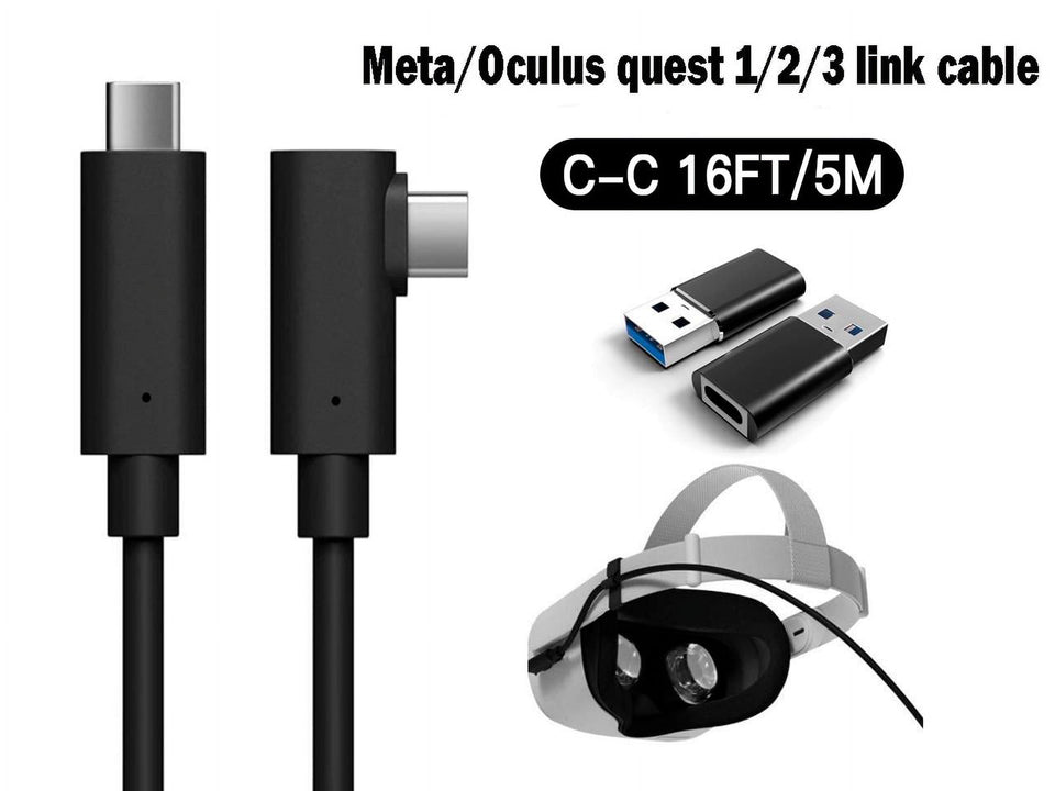 Compatible for Oculus Link Virtual Reality Headset Cable for Quest 2 / Quest and Gaming PC, 90 Degree Angled USB3.0 Type C to C High Speed Data Transfer & Fast Charging (16ft/5m) with USB C-A adapter