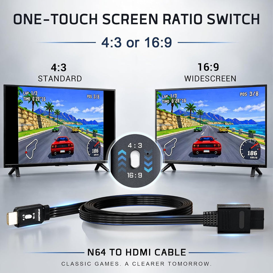 PORTHOLIC N64 to HDMI Converter, 4-in-1 HDMI Cable for GameCube SNES SFC, 4:3/16:9 Switchable, 1.5m/4.92FT, No External Power Needed