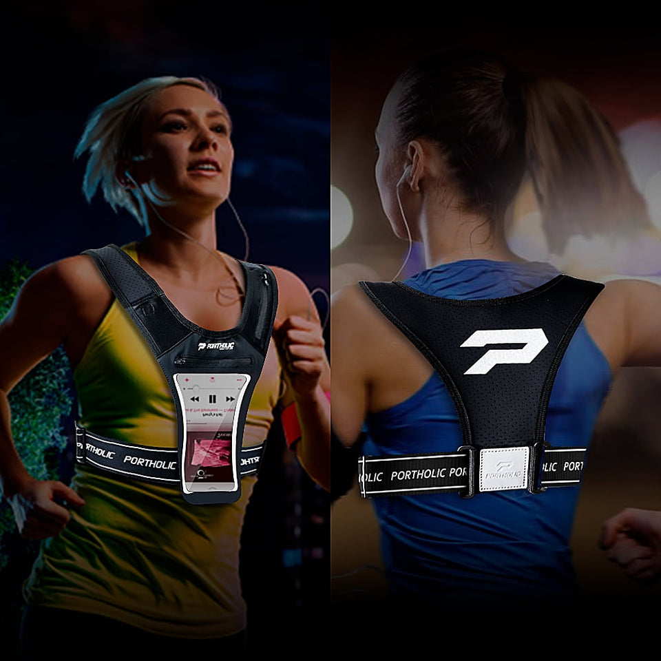 Running Vest with Cellphone Holder, PORTHOLIC Reflective Warnwest with Visible Phone Pouch, Adjustable Waistband and Muti-pockets for Sport, Jogging, Cycling, Walk the dog(BLACK)