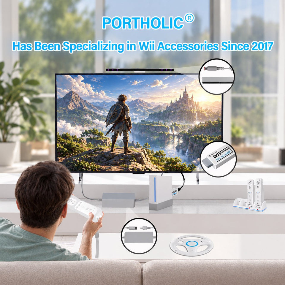 4 in 1 Wii Replacement Cables Set, PORTHOLIC Wii AC Power Adapter + Wii to hdmi Converter+ Wired Motion Sensor Bar and Composite Audio Video Cable for Nintendo Wii