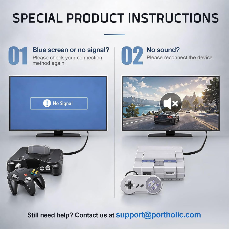 PORTHOLIC N64 to HDMI Converter, 4-in-1 HDMI Cable for GameCube SNES SFC, 4:3/16:9 Switchable, 1.5m/4.92FT, No External Power Needed