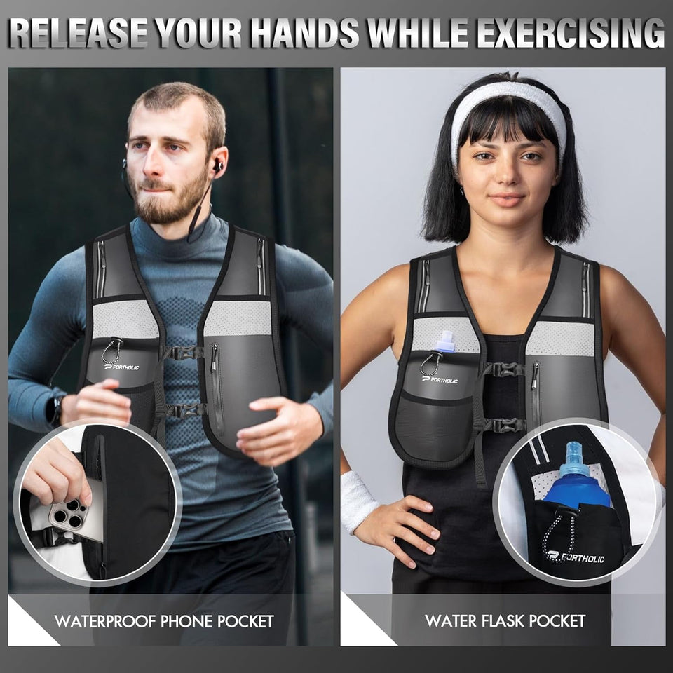 PORTHOLIC Running Vest for Women Men with 500ml/17oz Water Bottle |Adjustable Hydration Vest|Reflective |Lightweight |6 Pockets |Breathablefor Running Accessories for Hiking Running (Black,Large)